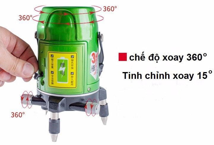 Phạm vi hoạt động trong nhà, ngoài trời. Đầu ra tia laser màu xanh 1 tia ngang, 4 tia dọc vuông góc nhau, 1 chấm laser dọi xuống. Tia xanh sử dụng ngoài trời, có 2 chế độ : tia đậm và tia mảnh.